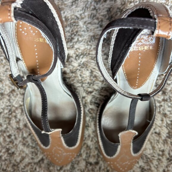 Diesel Neveau 3 3/4" Heels Pumps Size 7 Genuine Leather & Suede Brown Tan Cream - Picture 7 of 13